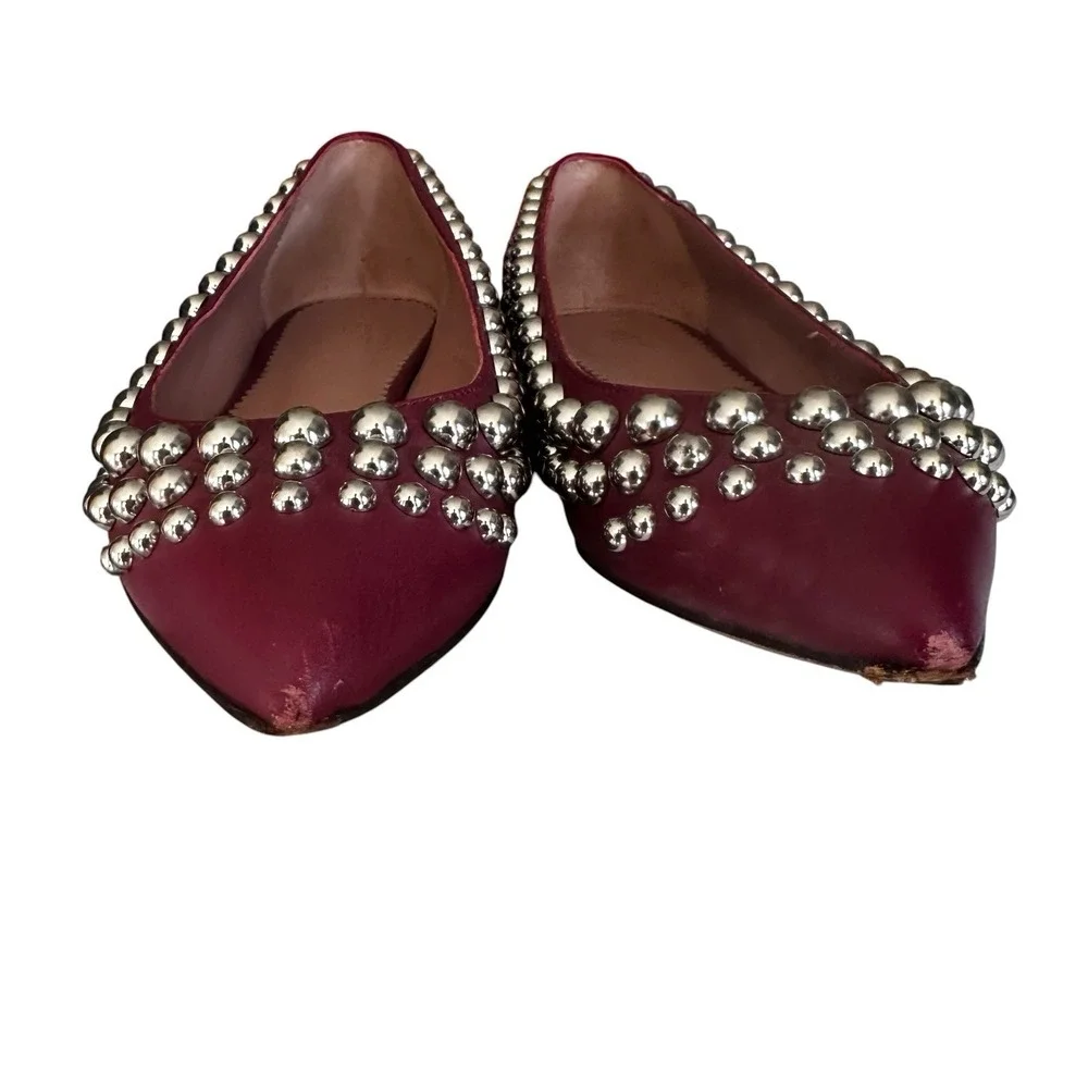 Red By Valentino Silver Studded Maroon flat Leather‎ Pointed Toe Shoe Size 7